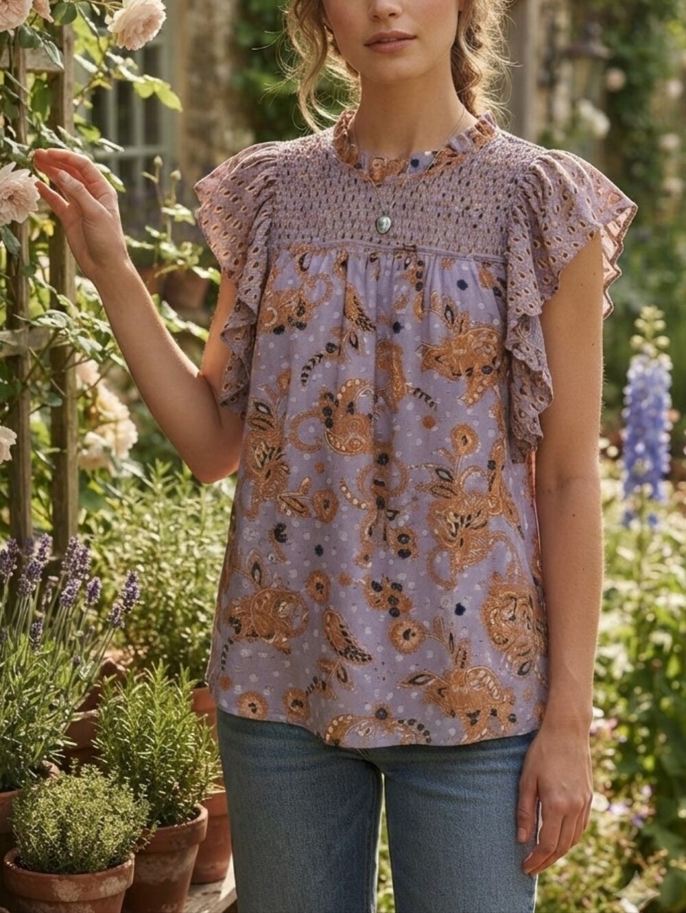 Maison d’Amelie Floral Smocked Ruffle Sleeve Lined Blouse Size S